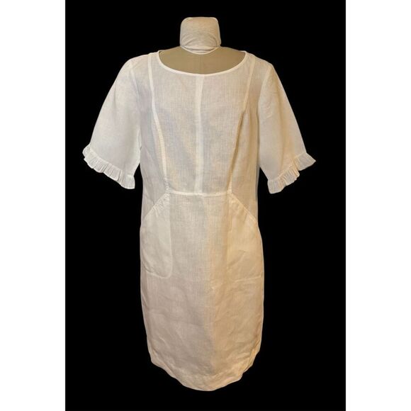 Boden White Linen Frill Cuff Dress Sz. 14 Lightweight Packable Classic - Picture 2 of 13